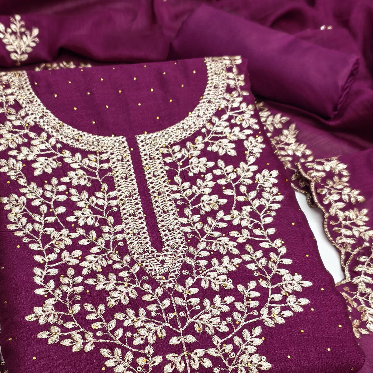 Purple Floral Motif Vichitra Silk Dress Material Featuring Sequins Embroidery & Swarovski Work