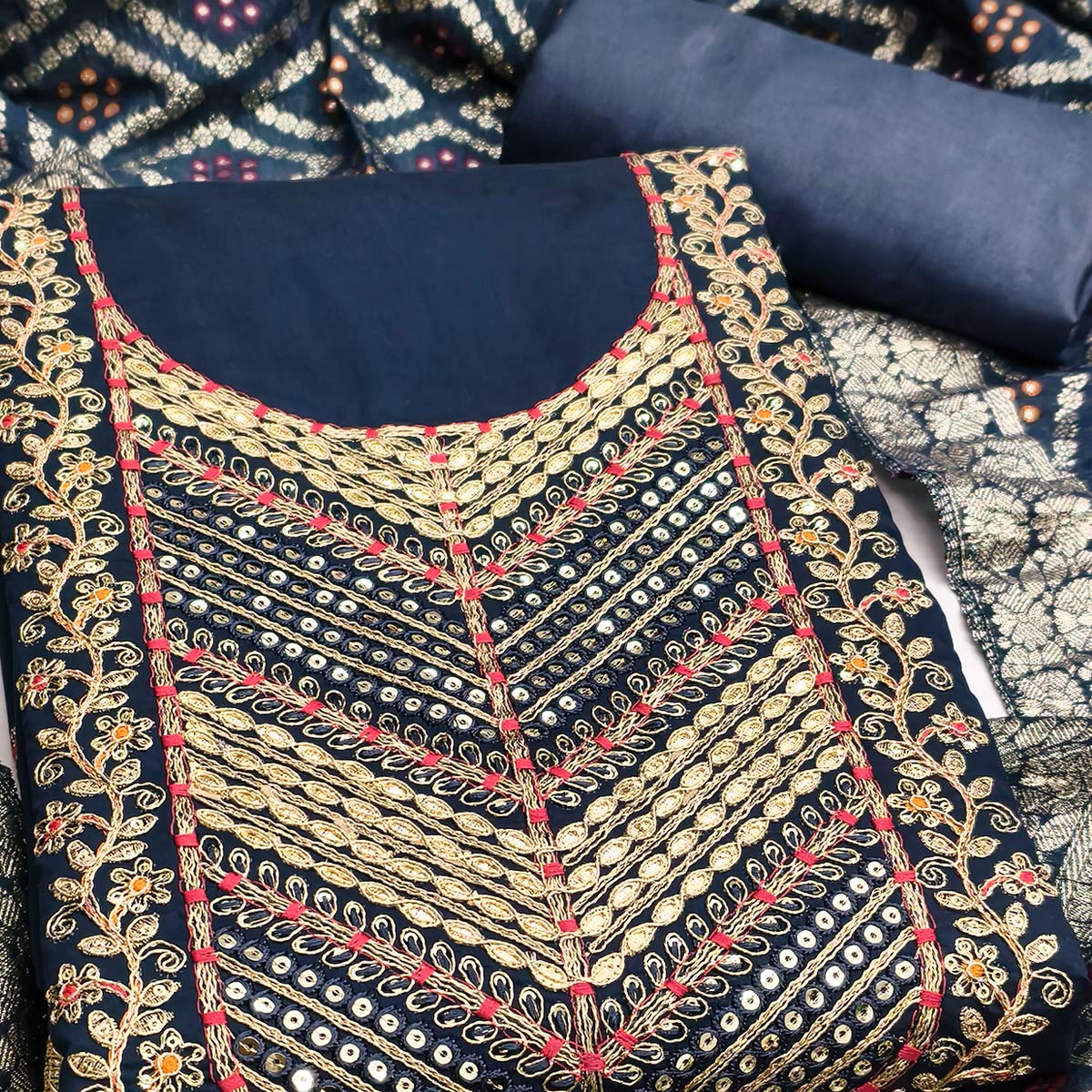 Blue Silk Blend Dress Material Adorned With Floral Cording Embroidery & Elegant Sequins Work