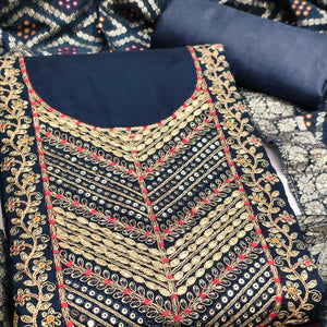 Blue Silk Blend Dress Material Adorned With Floral Cording Embroidery & Elegant Sequins Work