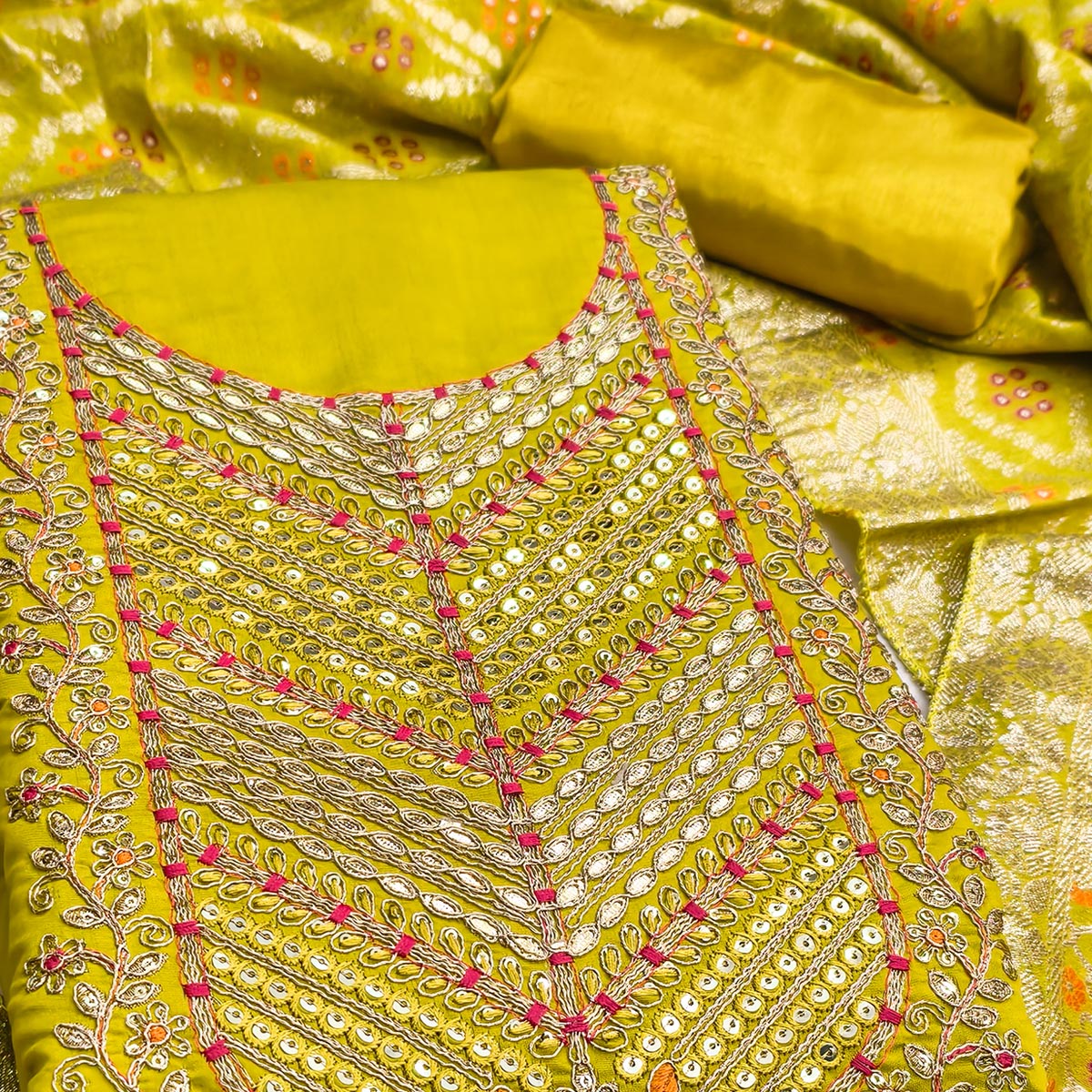 Lemon Yellow Silk Blend Dress Material Adorned With Floral Cording Embroidery & Elegant Sequins