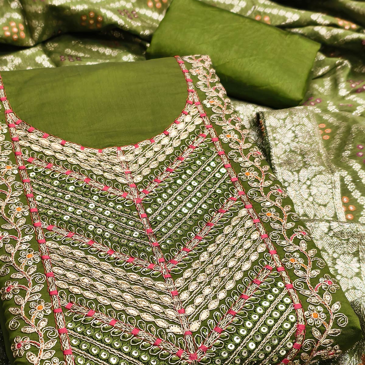 Mehendi Green Silk Blend Dress Material Adorned With Floral Cording Embroidery & Elegant Sequins