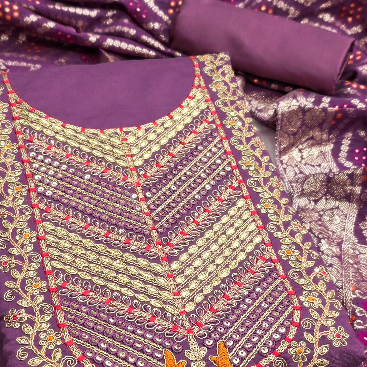 Purple Silk Blend Dress Material Adorned With Floral Cording Embroidery & Elegant Sequins Work