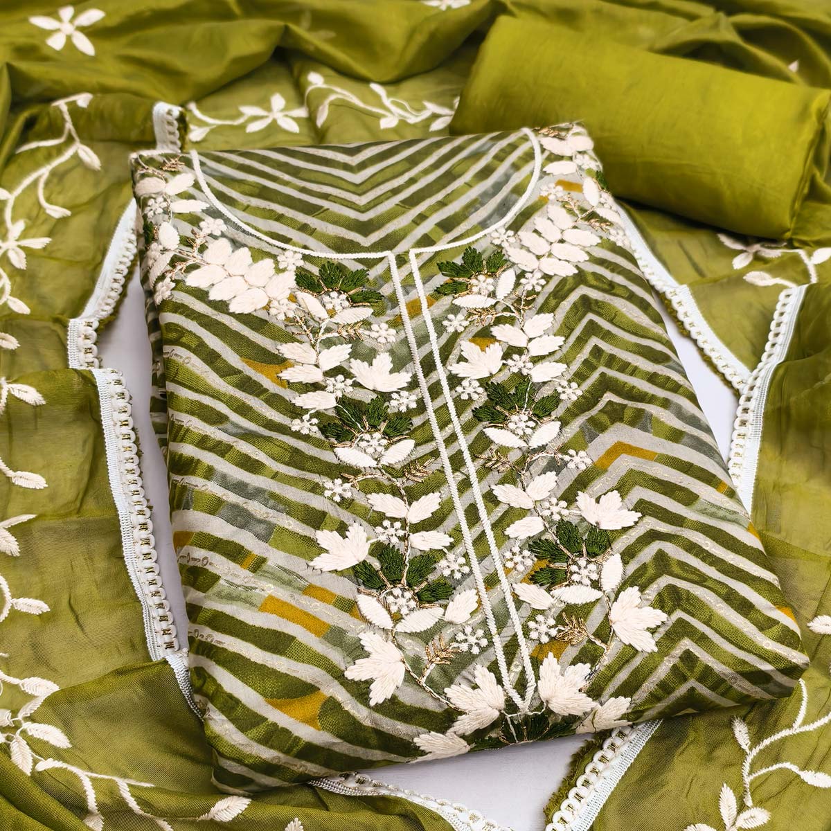 Exclusive Mehendi Green Floral Embroidered Silk Blend Dress Material With Artistic Zig Zag Print