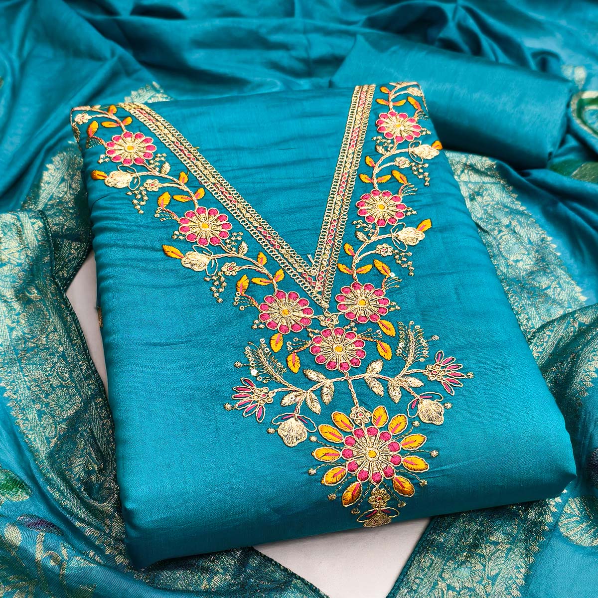 Exclusive Blue Floral Cording Embroidered Silk Blend Dress Material With Luxe Sequins Work