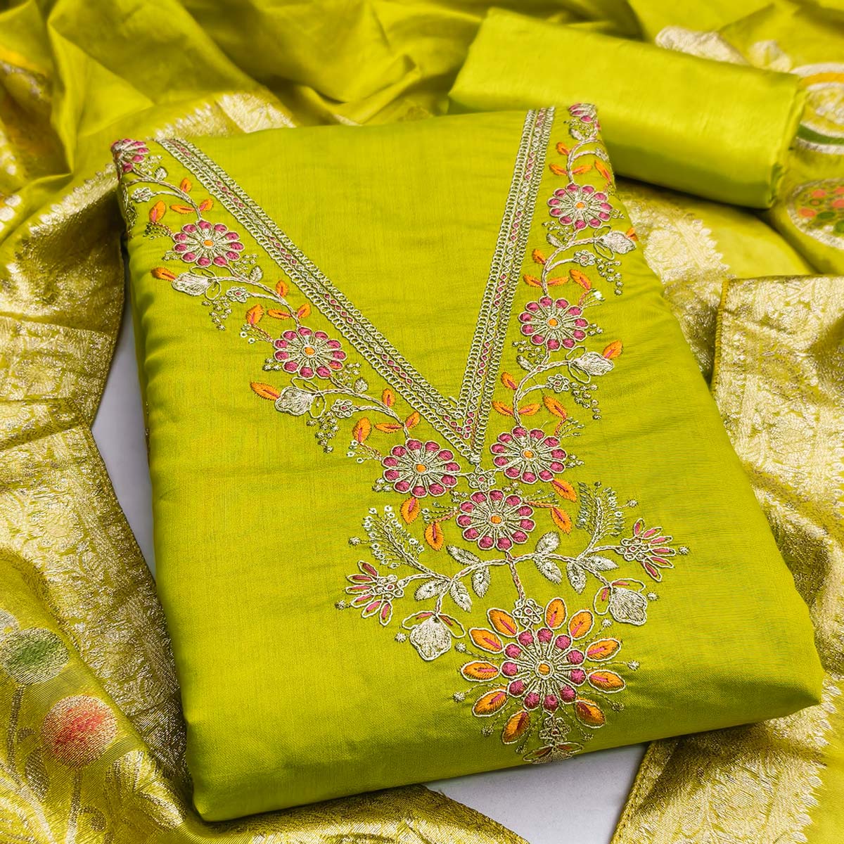 Exclusive Parrot Green Floral Cording Embroidered Silk Blend Dress Material With Luxe Sequins Work