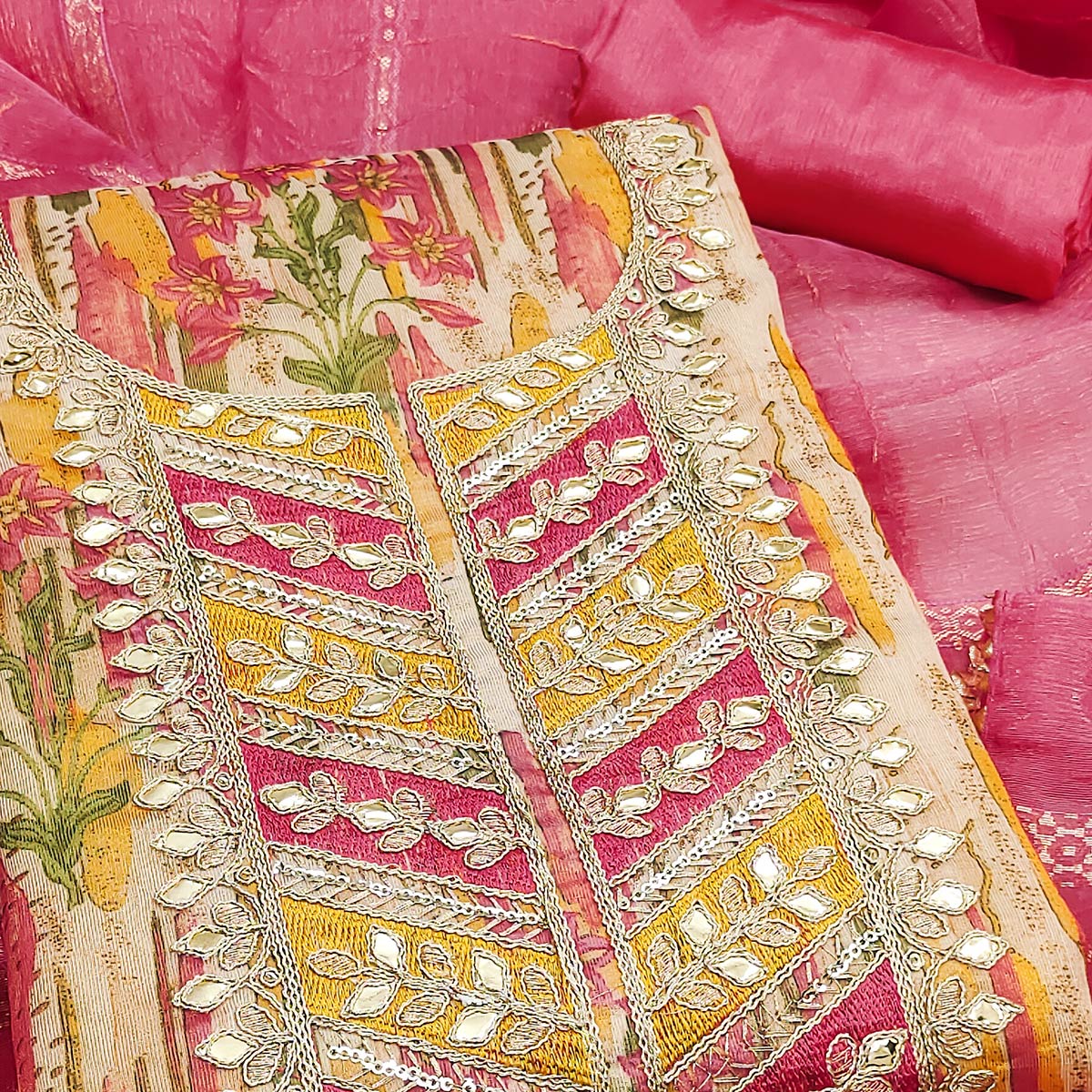 Pink Floral Digital Printed Shimmer Silk Dress Material With Elegant Embroidery & Gota Patti Work