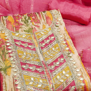 Pink Floral Digital Printed Shimmer Silk Dress Material With Elegant Embroidery & Gota Patti Work