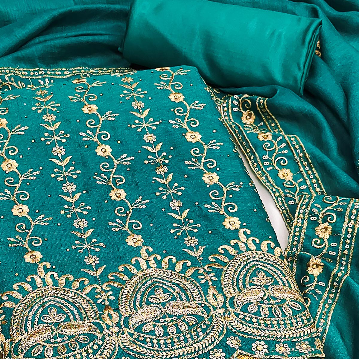 Rama Blue Floral Vichitra Silk Dress Material Adorned With Floral Embroidery & Swarovski Work