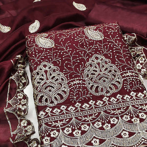 Maroon Vichitra Silk Dress Material Showcasing Paisley & Floral Embroidery With Swarovski