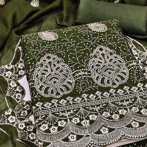 Mehendi Green Vichitra Silk Dress Material Showcasing Paisley & Floral Embroidery With Swarovski
