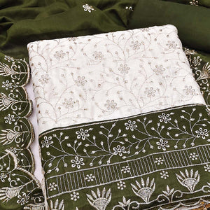 Chic OffWhite & Mehendi Green Vichitra Silk Dress Material Adorned With Floral Embroidery