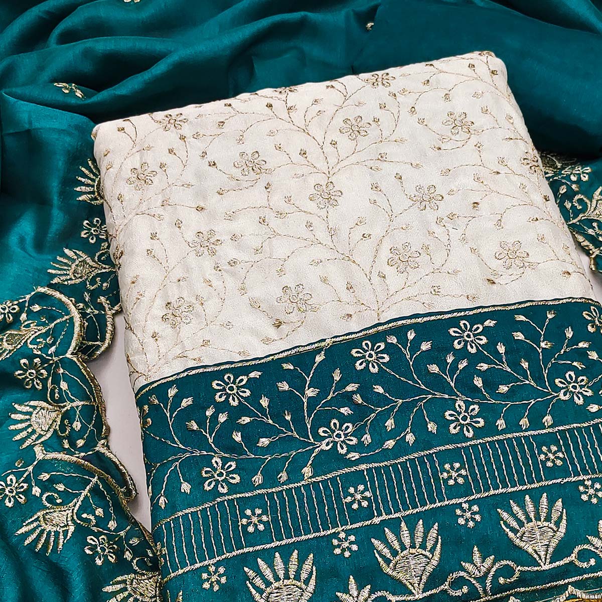 Chic OffWhite & Rama Blue Vichitra Silk Dress Material Adorned With Floral Embroidery