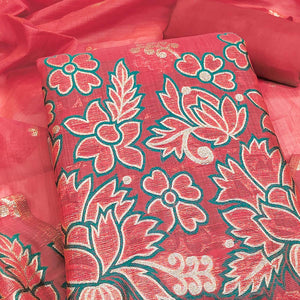 Graceful Brick Red Jamdani Art Silk Dress Material Adorned With Intricate Floral Weaving Work