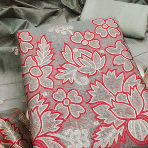 Graceful Grey Jamdani Art Silk Dress Material Adorned With Intricate Floral Weaving Work