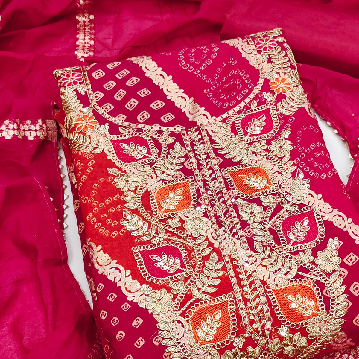 Classic Rani Pink Roman Art Silk Dress Material With Bandhani Prints & Floral Cording Embroidery