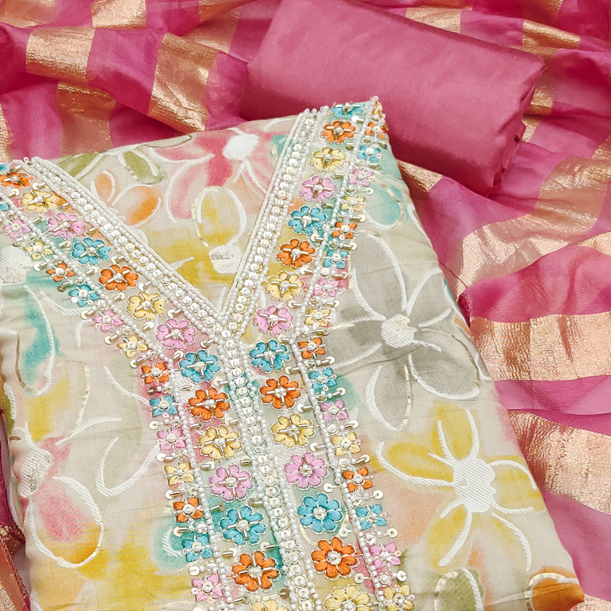 Vibrant Pink Floral Printed Roman Art Silk Dress Material Adorned With Sparkling Beads & Sequins