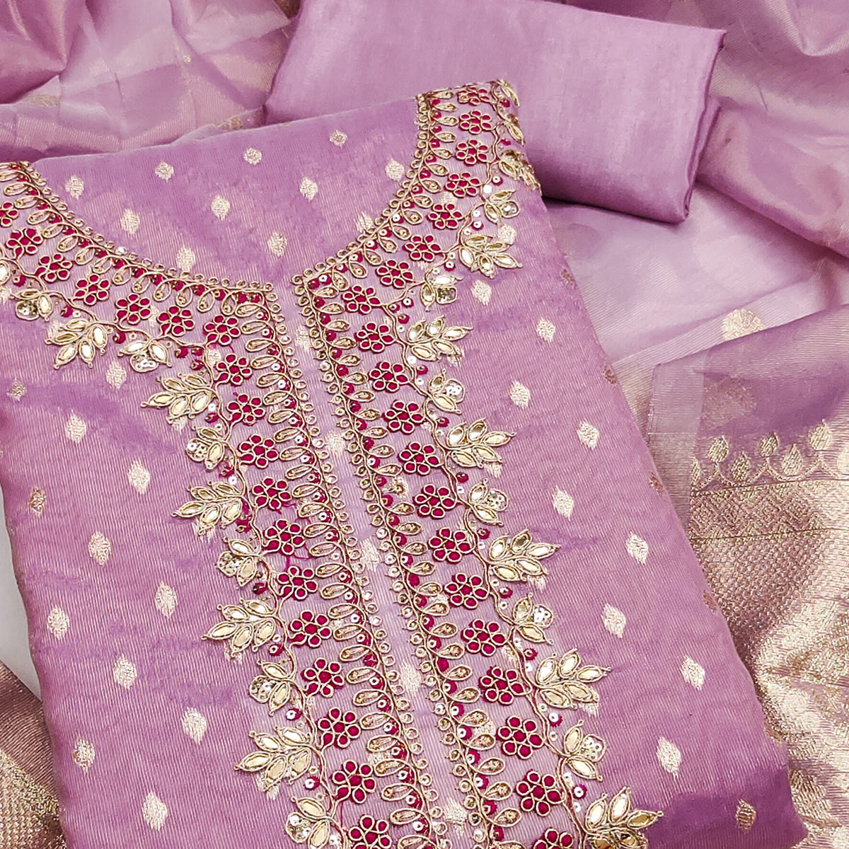 Radiant Lavender Jacquard Butti Shimmer Silk Dress Material With Elegant Cording Sequins Embroidery