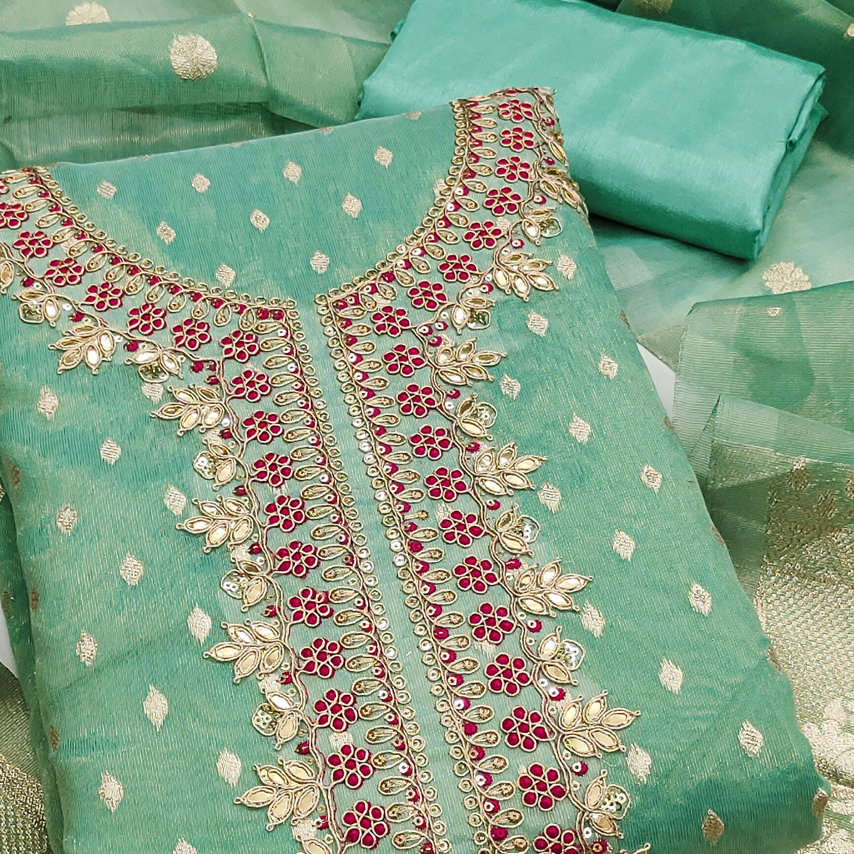 Radiant Turquoise Jacquard Butti Shimmer Silk Dress Material With Elegant Cording Sequins Embroidery