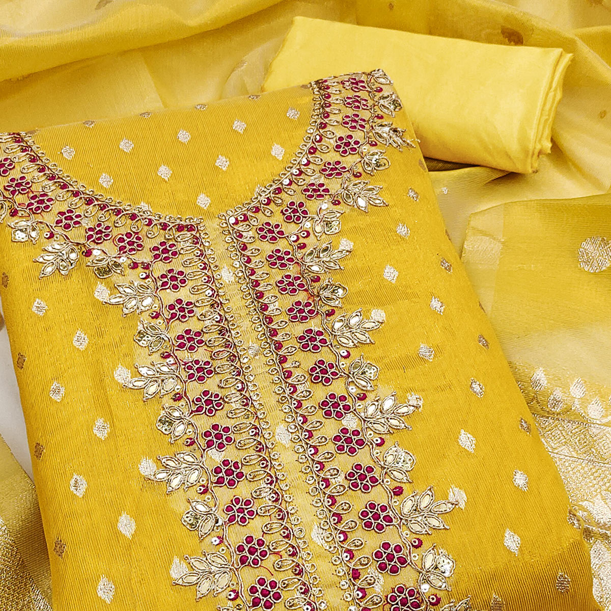Radiant Yellow Jacquard Butti Shimmer Silk Dress Material With Elegant Cording Sequins Embroidery