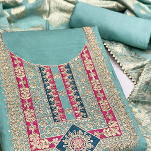 Elegant Blue Art Silk Dress Material Adorned With Floral Cording & Sequins Embroidery