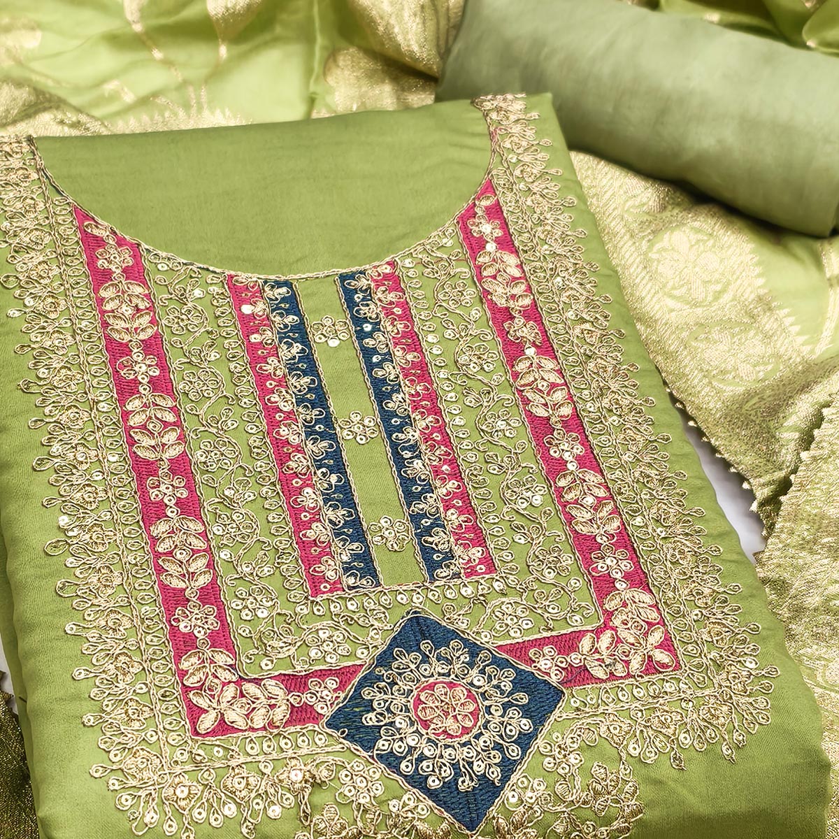 Elegant Green Art Silk Dress Material Adorned With Floral Cording & Sequins Embroidery