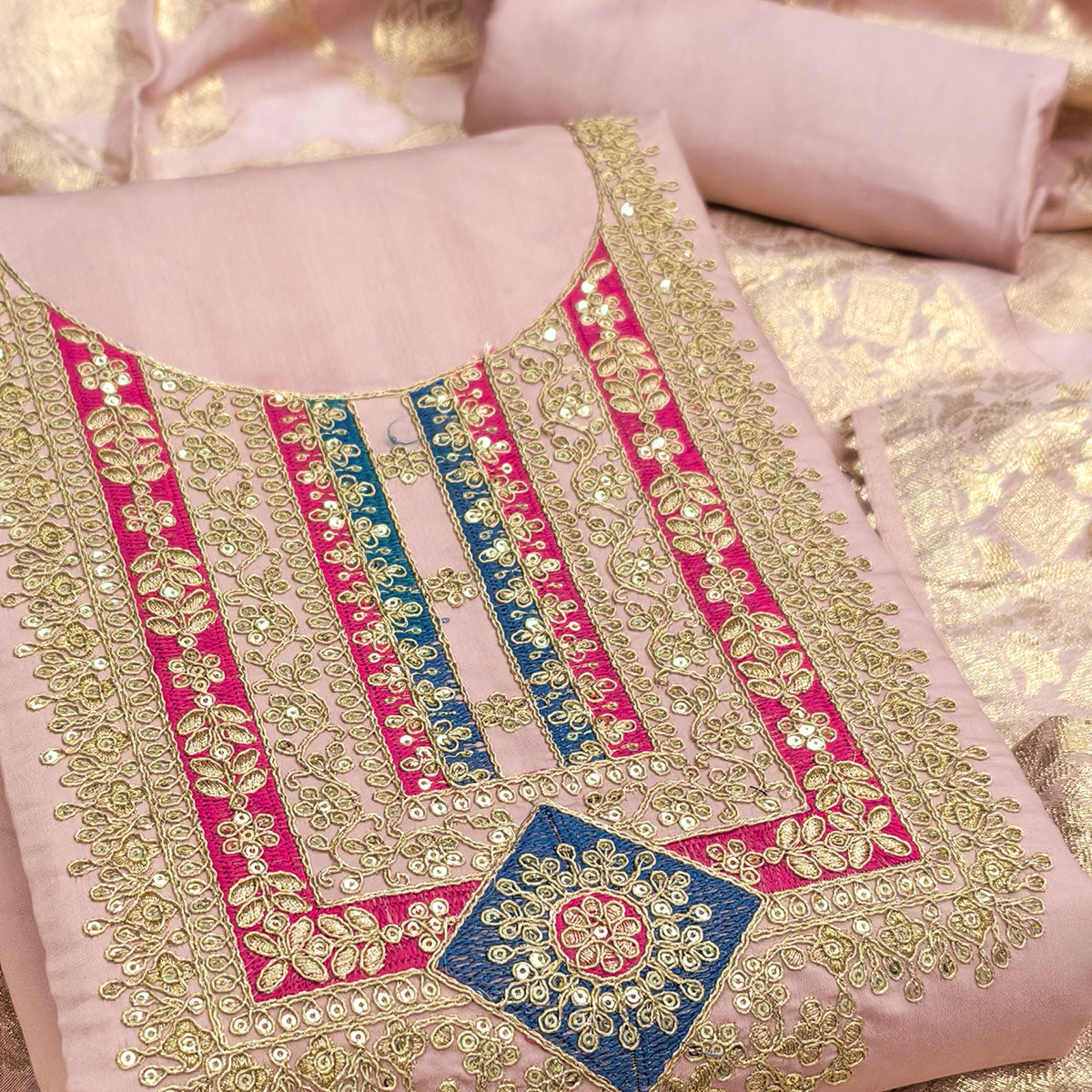 Elegant Peach Art Silk Dress Material Adorned With Floral Cording & Sequins Embroidery