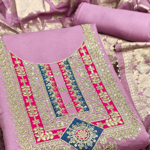 Elegant Pink Art Silk Dress Material Adorned With Floral Cording & Sequins Embroidery