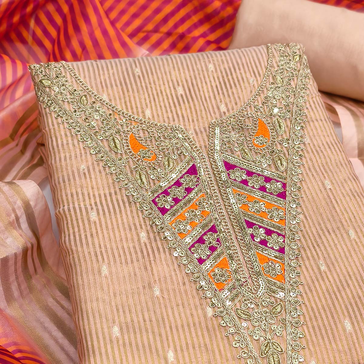 Premium Peach Shimmer Dress Material With Detailed Butti Weaving & Cording Embroidery