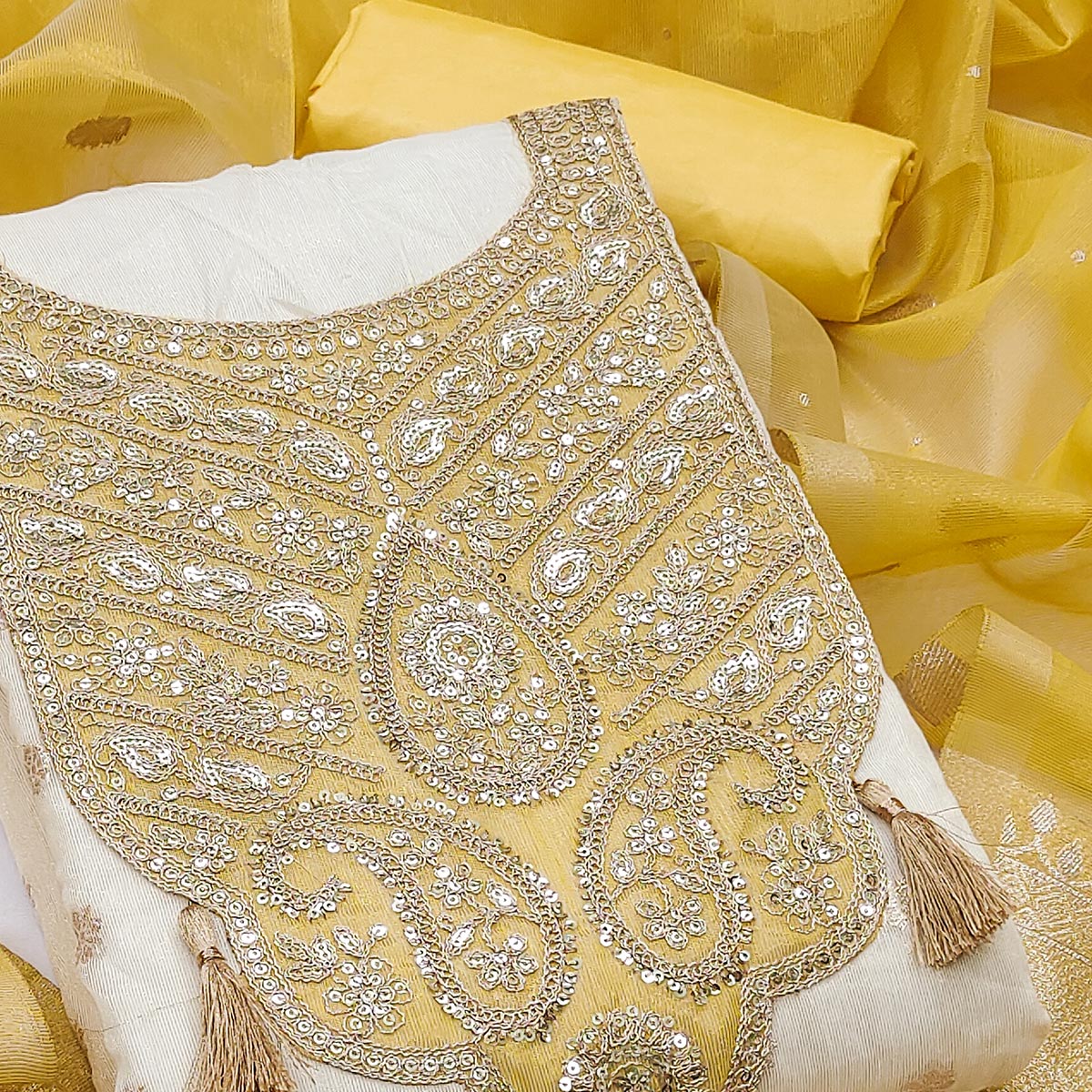 Cream & Yellow Butti Weaving Shimmer Silk Dress Material Accented With Sequins Cording Embroidery