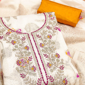 Premium Cream Floral Meenakari Jacquard Weaving Dress Material With Sequins Cording Embroidery