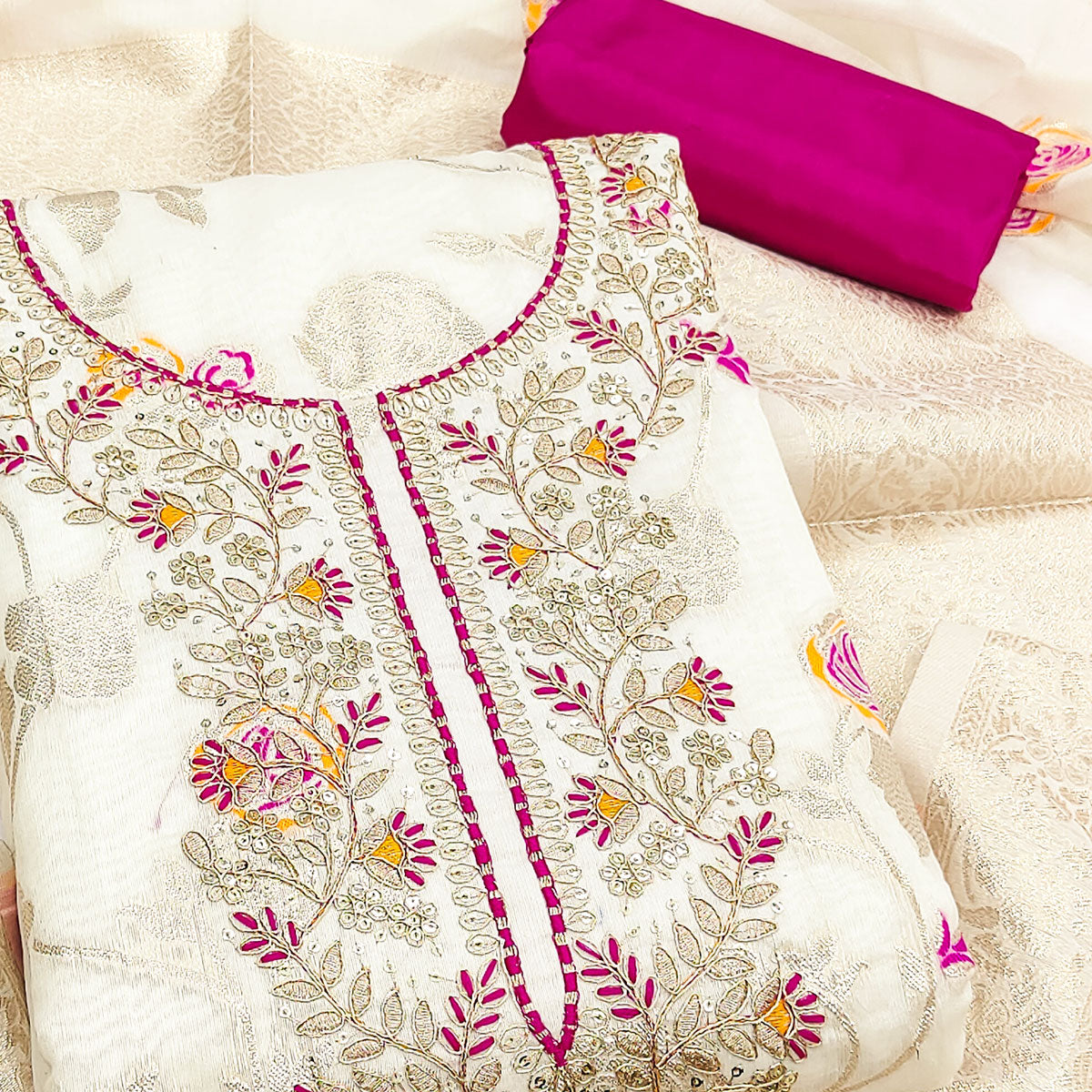 Elegant Cream Floral Meenakari Jacquard Weaving Dress Material With Sequins Cording Embroidery