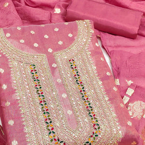 Exclusive Pink Floral Butti Weaving Shimmer Silk Dress Material With Cording Sequins Embroidery