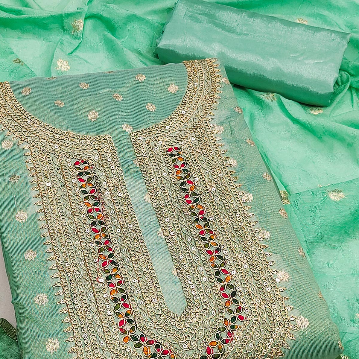 Exclusive Turquoise Floral Butti Weaving Shimmer Silk Dress Material With Cording Sequin Embroidery