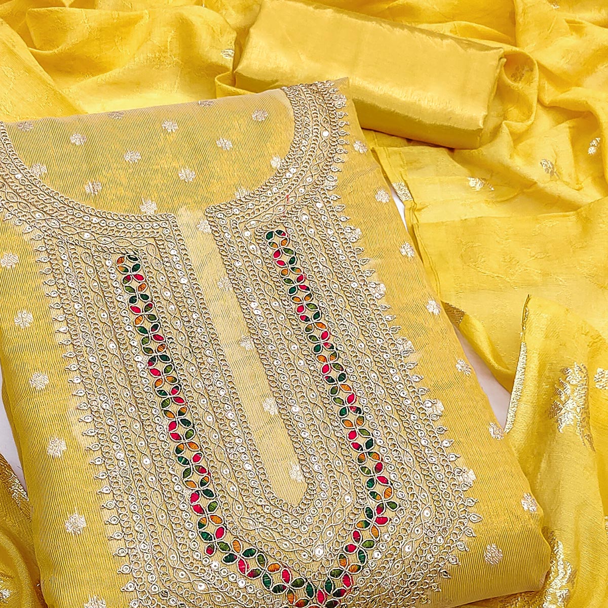 Exclusive Yellow Floral Butti Weaving Shimmer Silk Dress Material With Cording Sequins Embroidery
