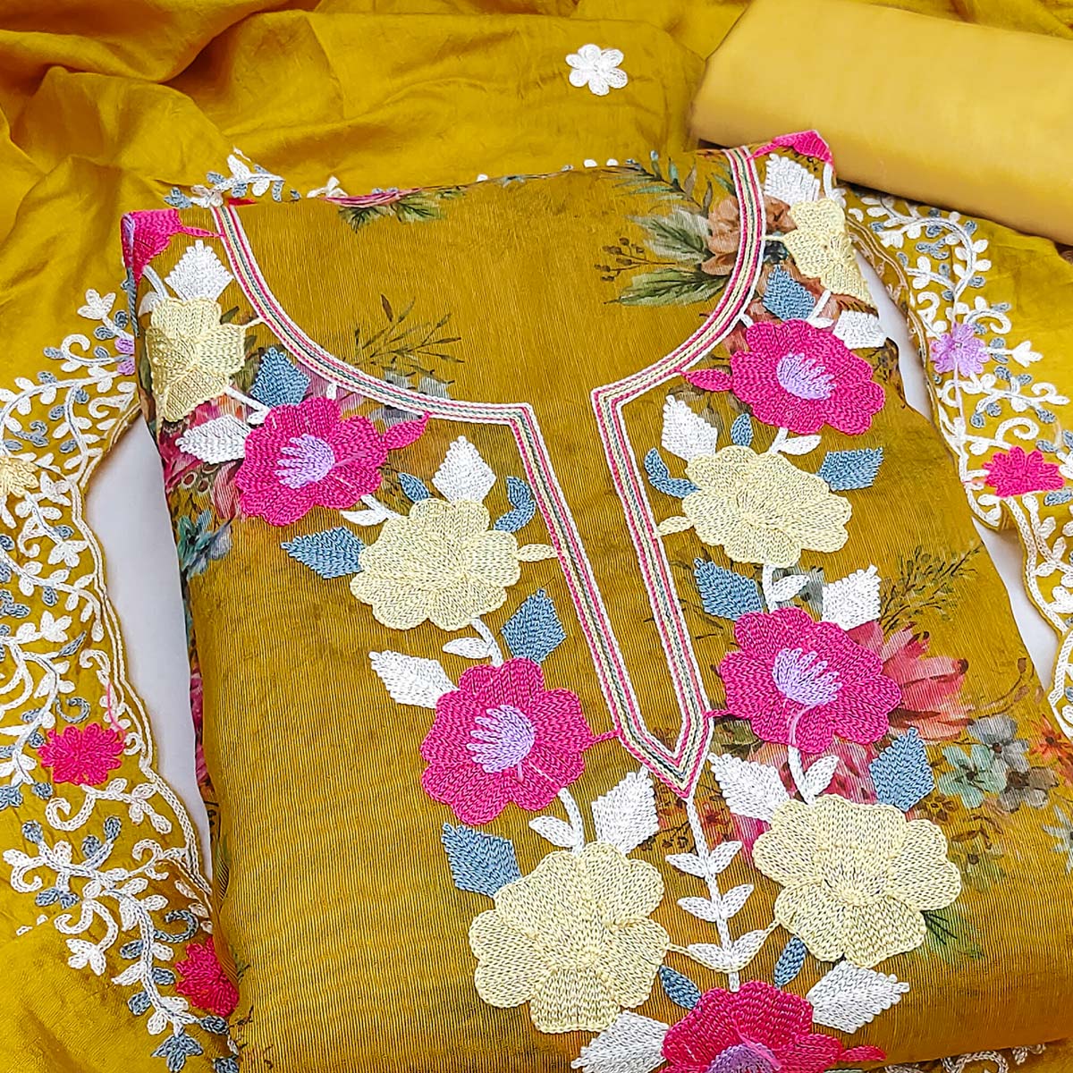 Designer Mustard Floral Digital Printed Shimmer Silk Dress Material Featuring Embroidery Work