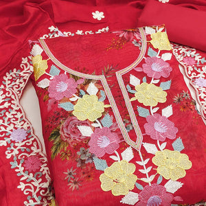 Designer Red Floral Digital Printed Shimmer Silk Dress Material Featuring Embroidery Work