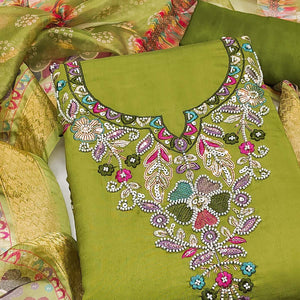 Exclusive Green Floral Embroidery Art Silk Dress Material With Sequins & Beads Work