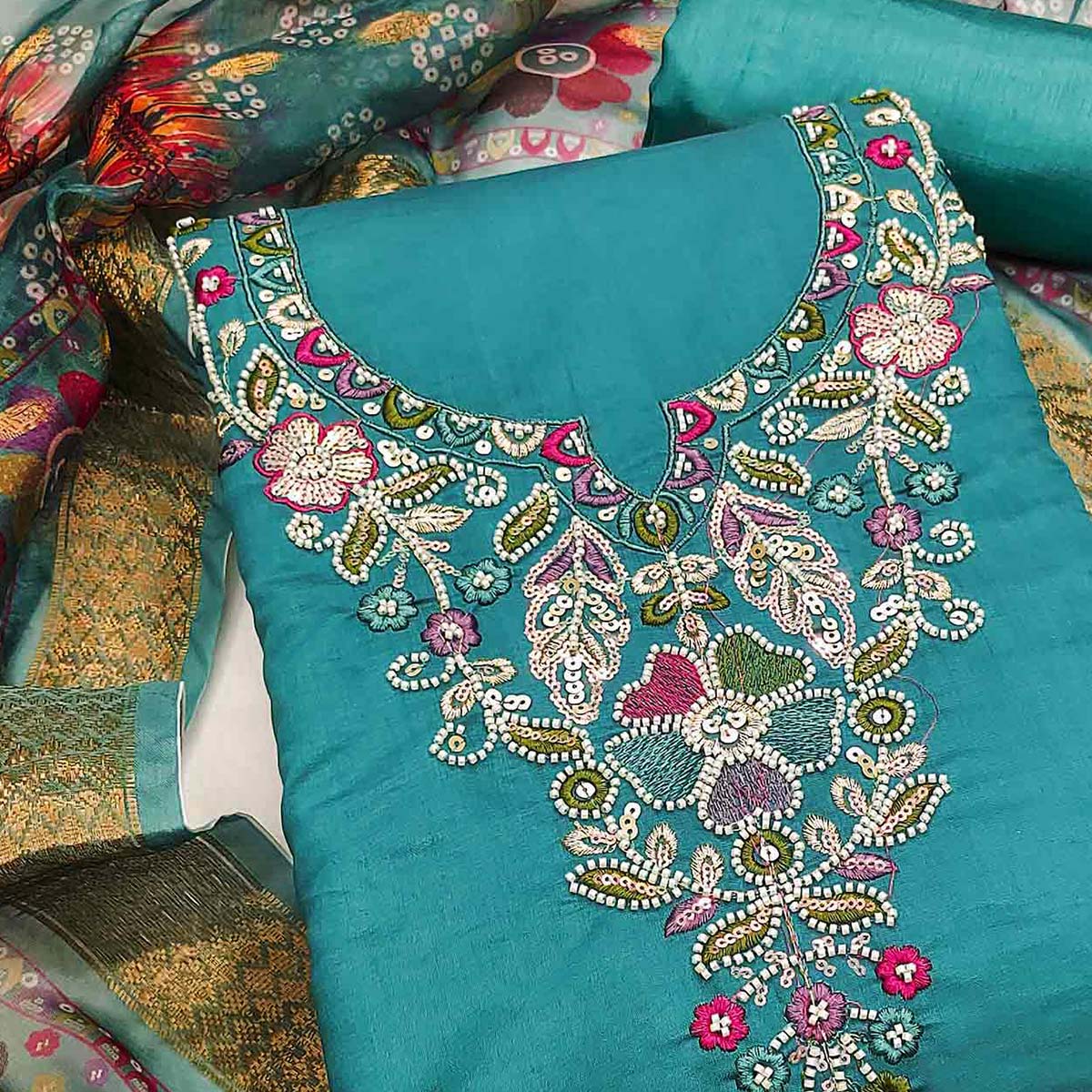 Exclusive Rama Blue Floral Embroidery Art Silk Dress Material With Sequins & Beads Work