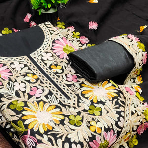 Black Designer Roman Art Silk Dress Material Adorned With Floral Thread Embroidery Work