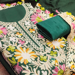 Bottle Green Designer Roman Art Silk Dress Material Adorned With Floral Thread Embroidery Work