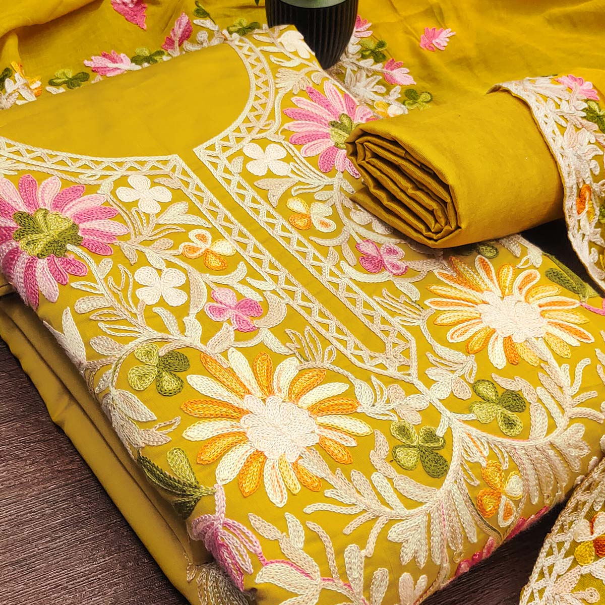 Mustard Designer Roman Art Silk Dress Material Adorned With Floral Thread Embroidery Work