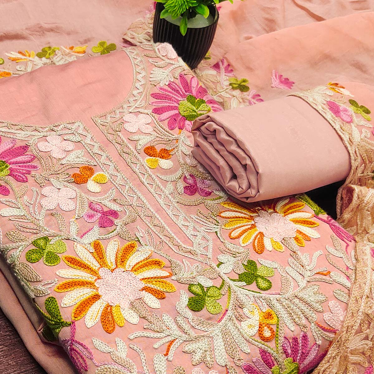 Peach Designer Roman Art Silk Dress Material Adorned With Floral Thread Embroidery Work