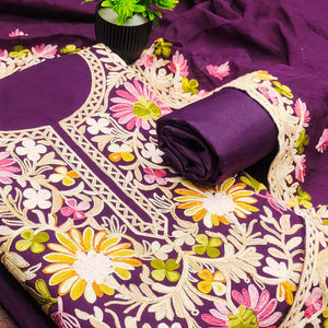 Purple Designer Roman Art Silk Dress Material Adorned With Floral Thread Embroidery Work