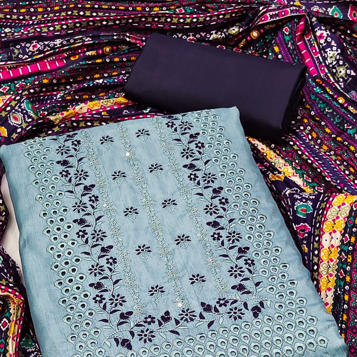 Blue Floral Embroidered Cotton Blend Dress Material