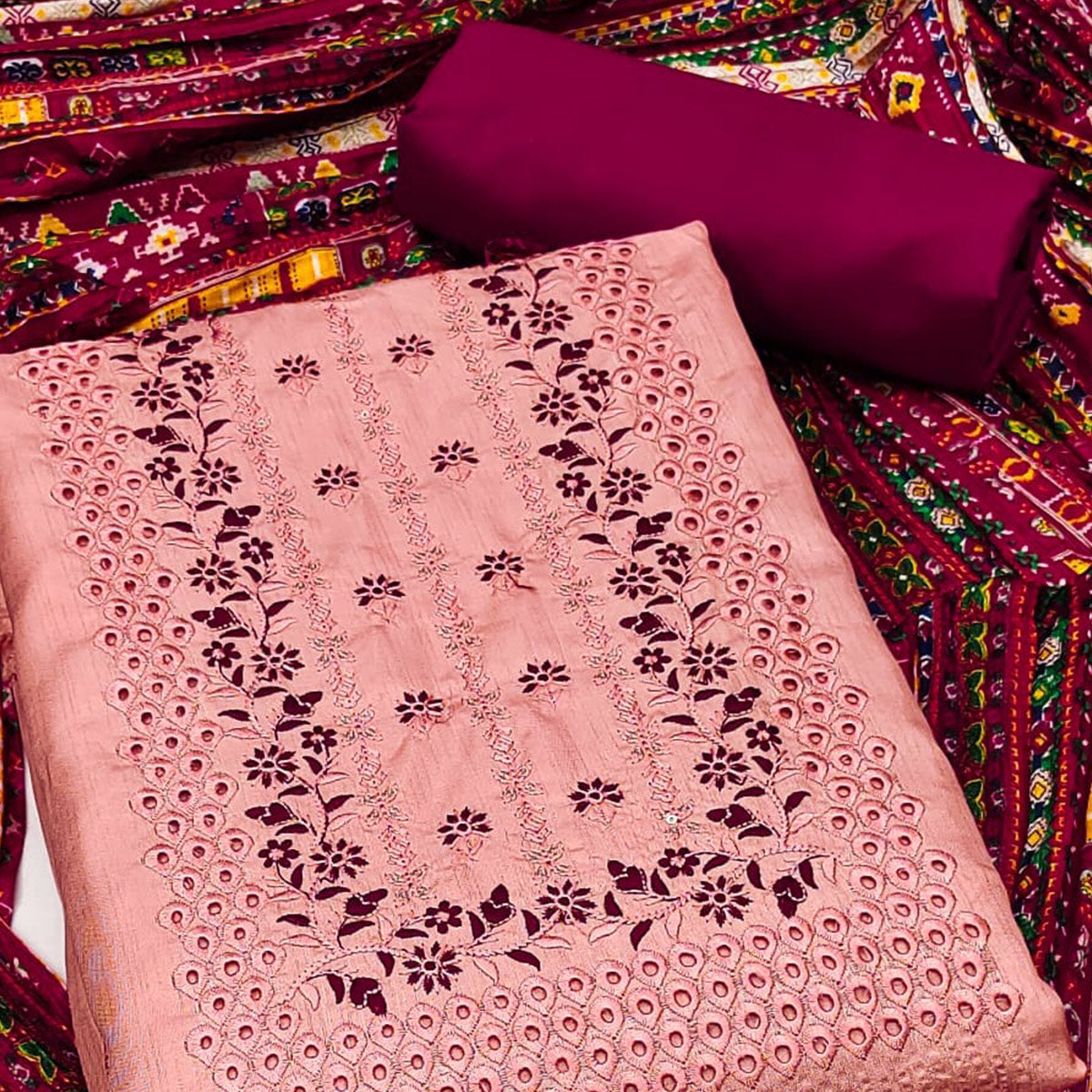 Peach Floral Embroidered Cotton Blend Dress Material