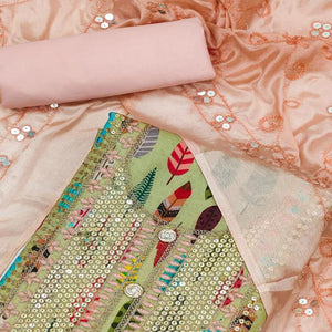 Green Digital Printed With Sequins Work Cotton Blend Dress Material