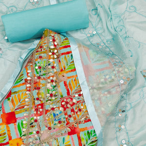 Blue Digital Printed With Sequins Work Cotton Blend Dress Material