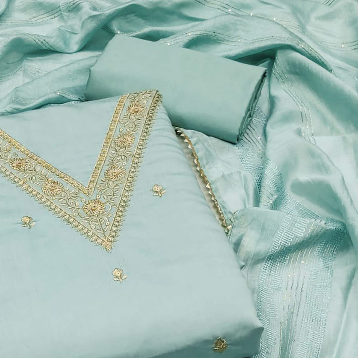Blue Floral Embroidered Art Silk Dress Material