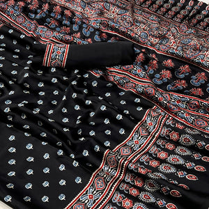 Black Ajrakh Printed Satin Saree