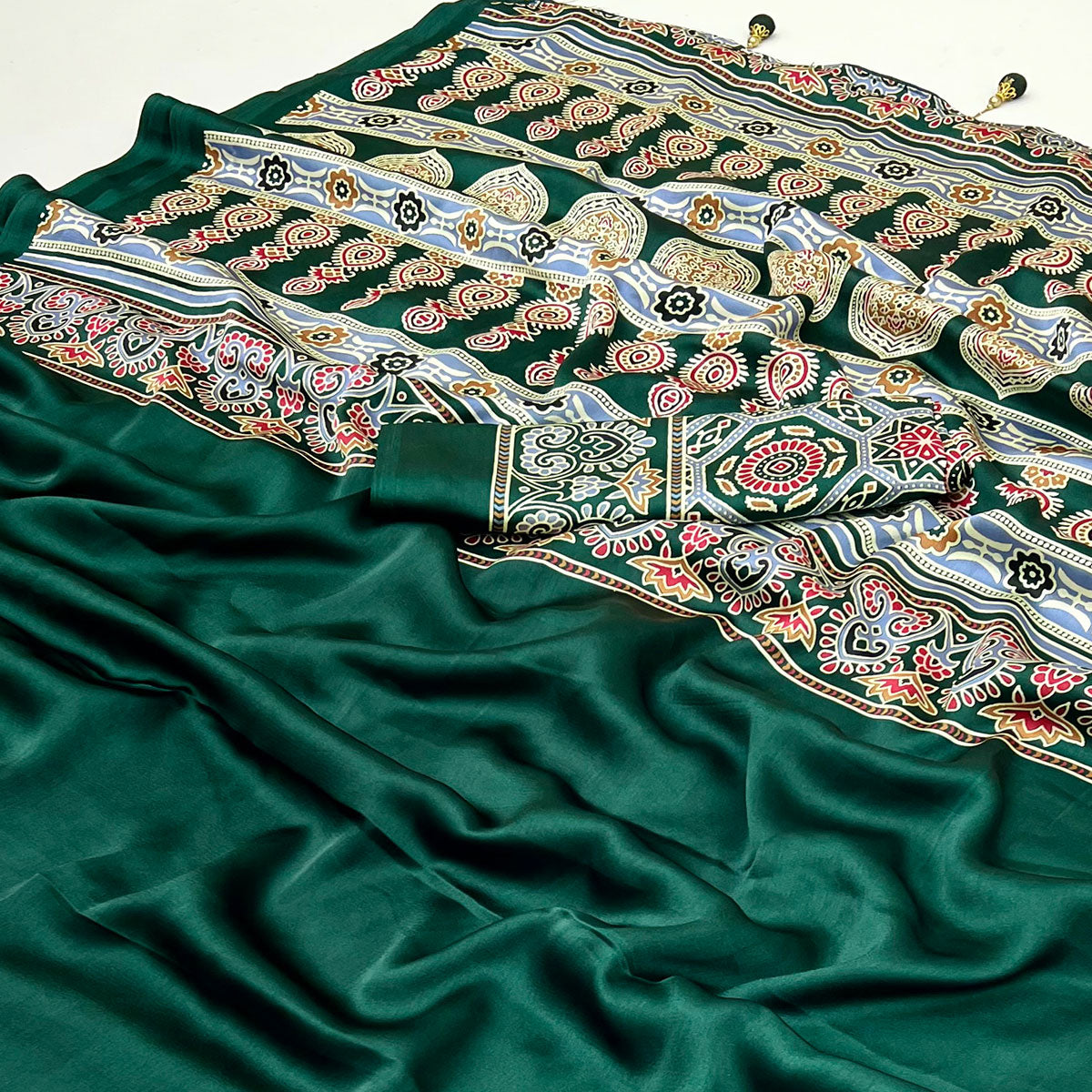Green Ajrakh Printed Crepe Satin Saree With Tassels